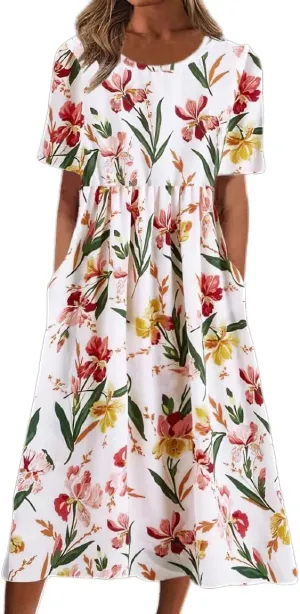 Akivide Womens Boho Floral Flowy Midi Dresses Casual Loose Summer Short Sleeve Beach Dress with Pockets