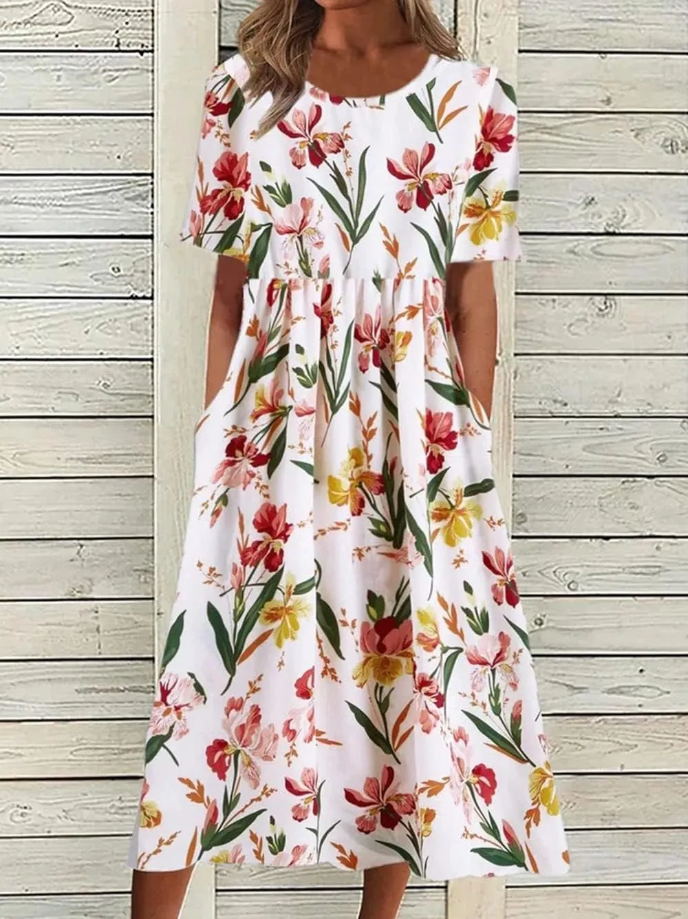 Akivide Womens Boho Floral Flowy Midi Dresses Casual Loose Summer Short Sleeve Beach Dress with Pockets