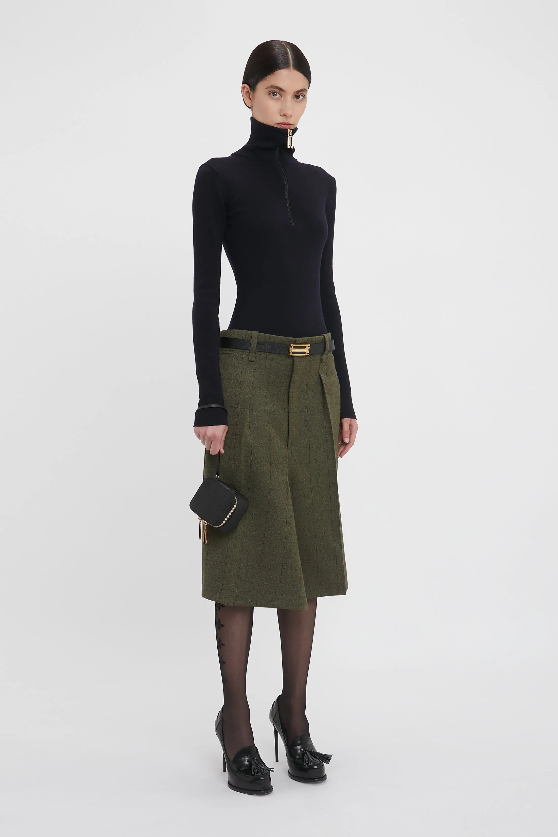 Asymmetric Tailored Skirt In Dark Fern Check