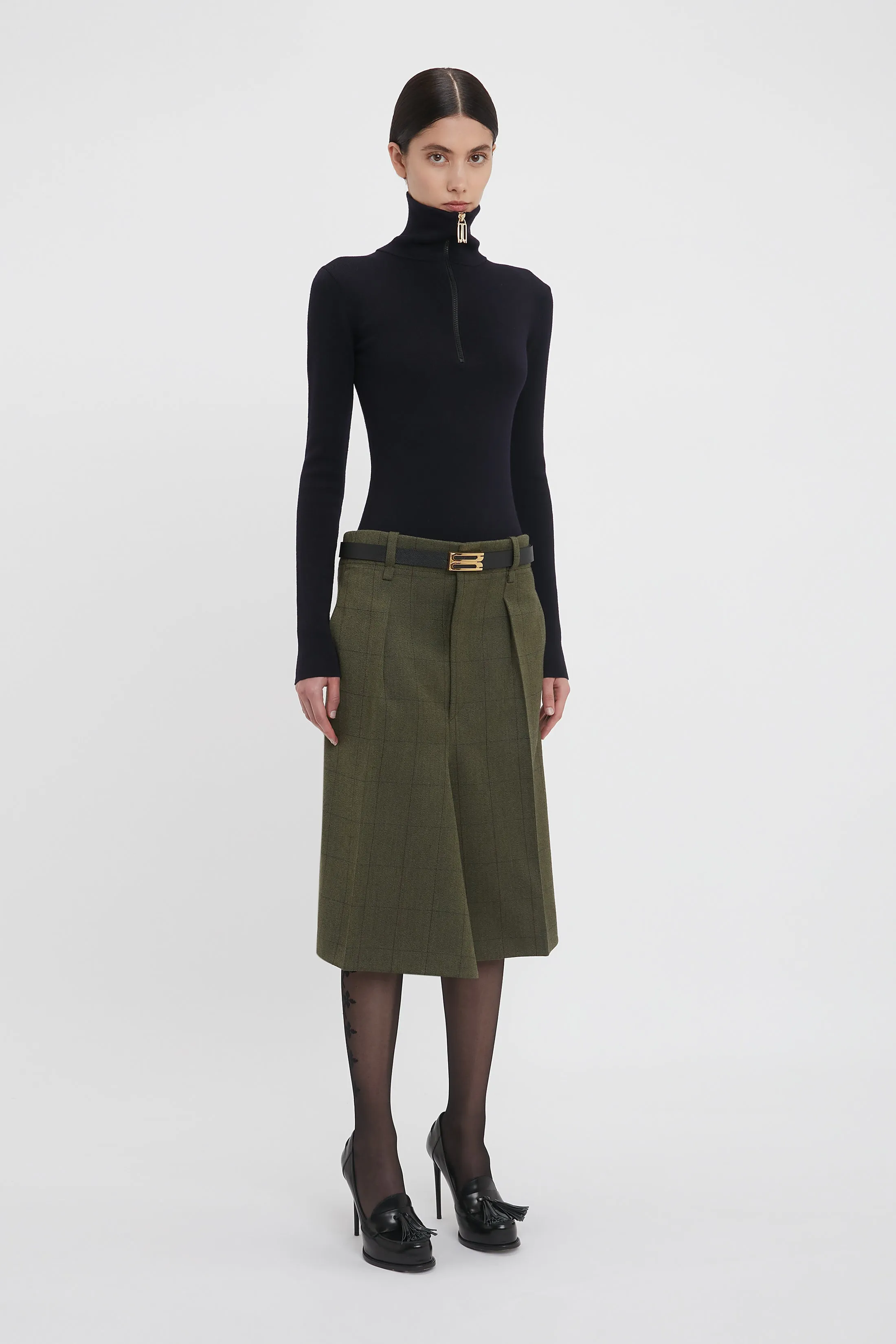 Asymmetric Tailored Skirt In Dark Fern Check