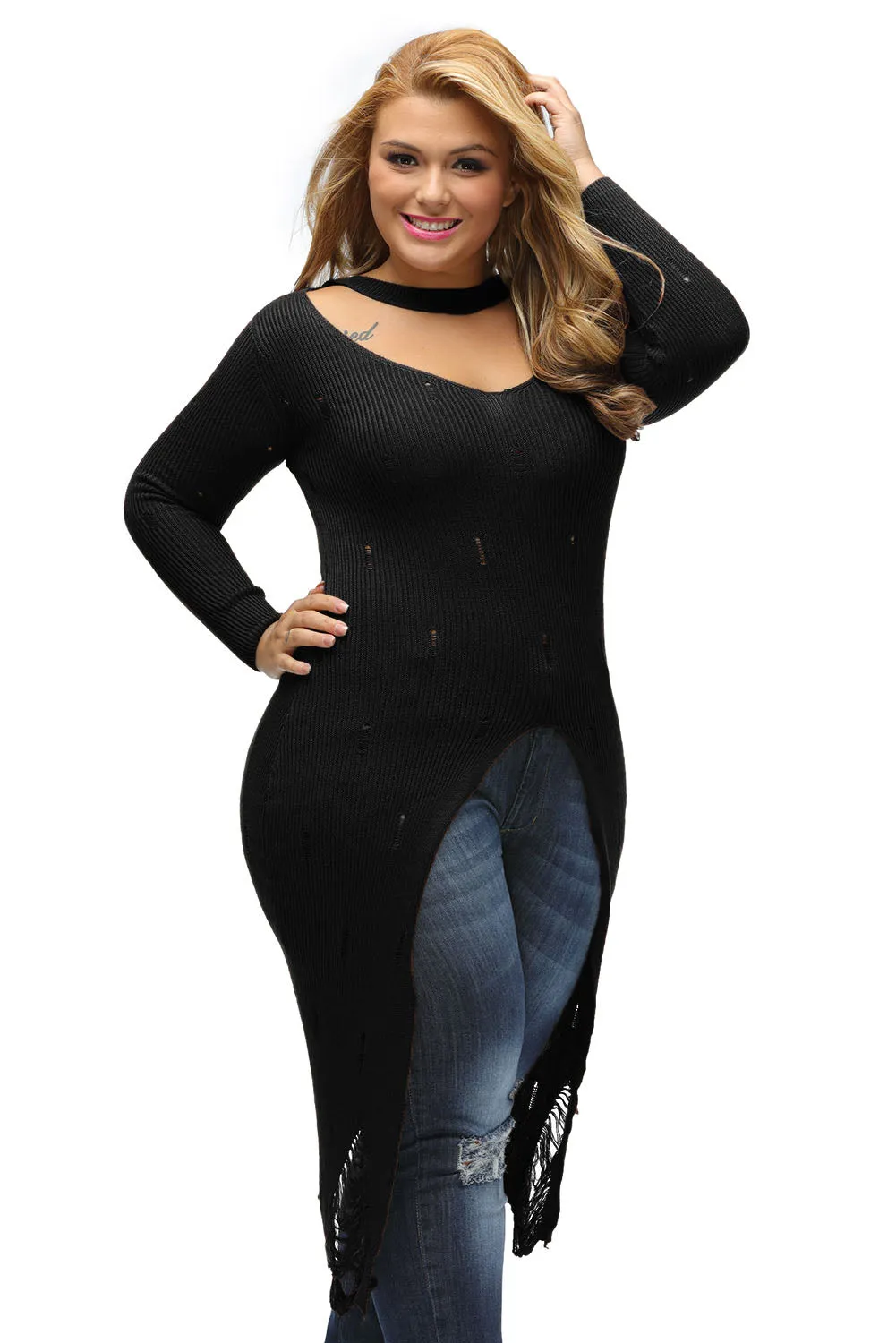 Black Choker Distress Hi-lo Sweater Top
