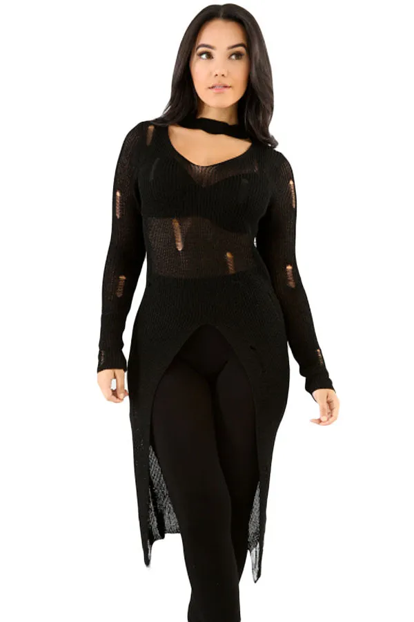 Black Choker Distress Hi-lo Sweater Top