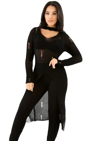 Black Choker Distress Hi-lo Sweater Top