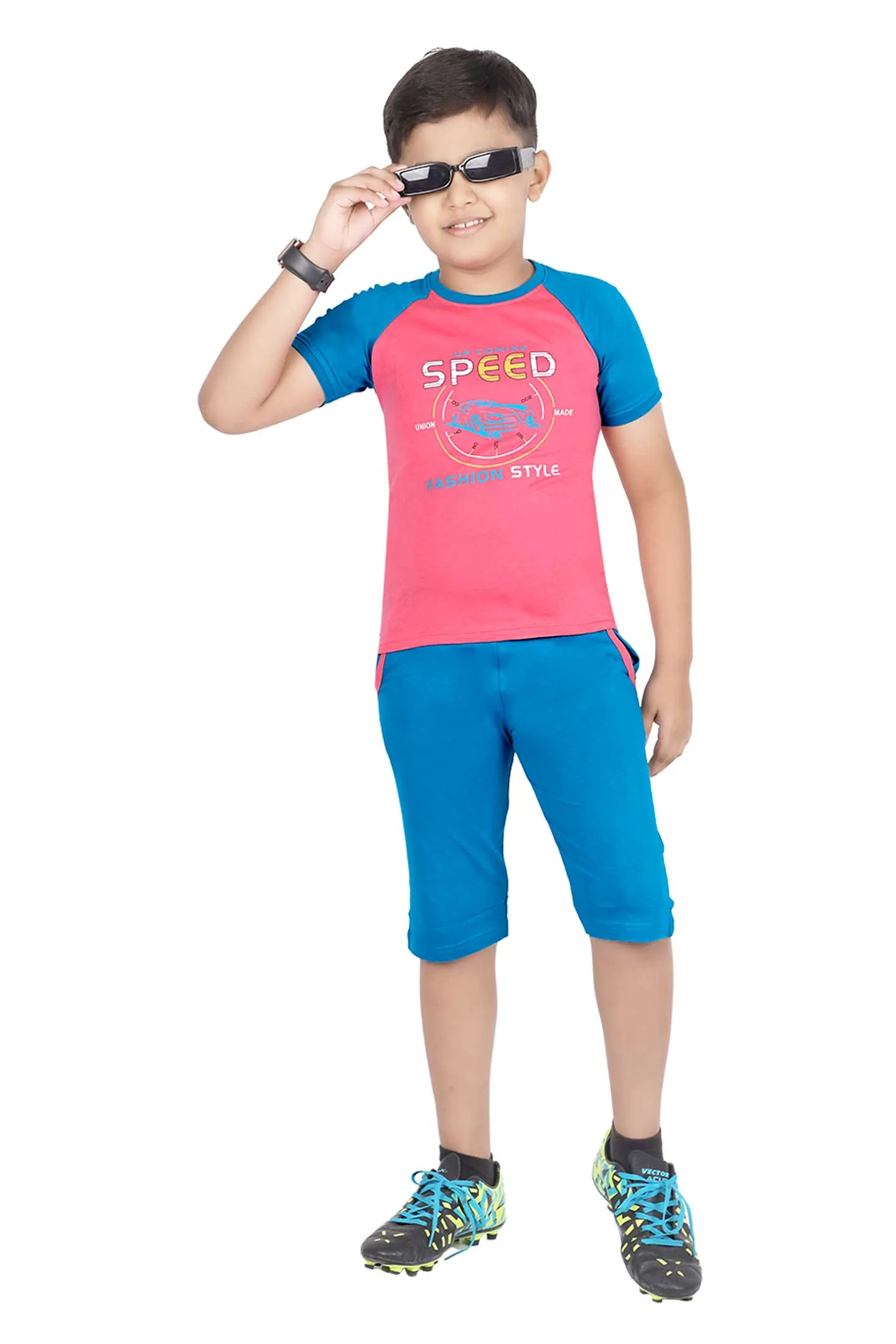 Boys Round Neck Tees With 3/4 Pant - Ferrari