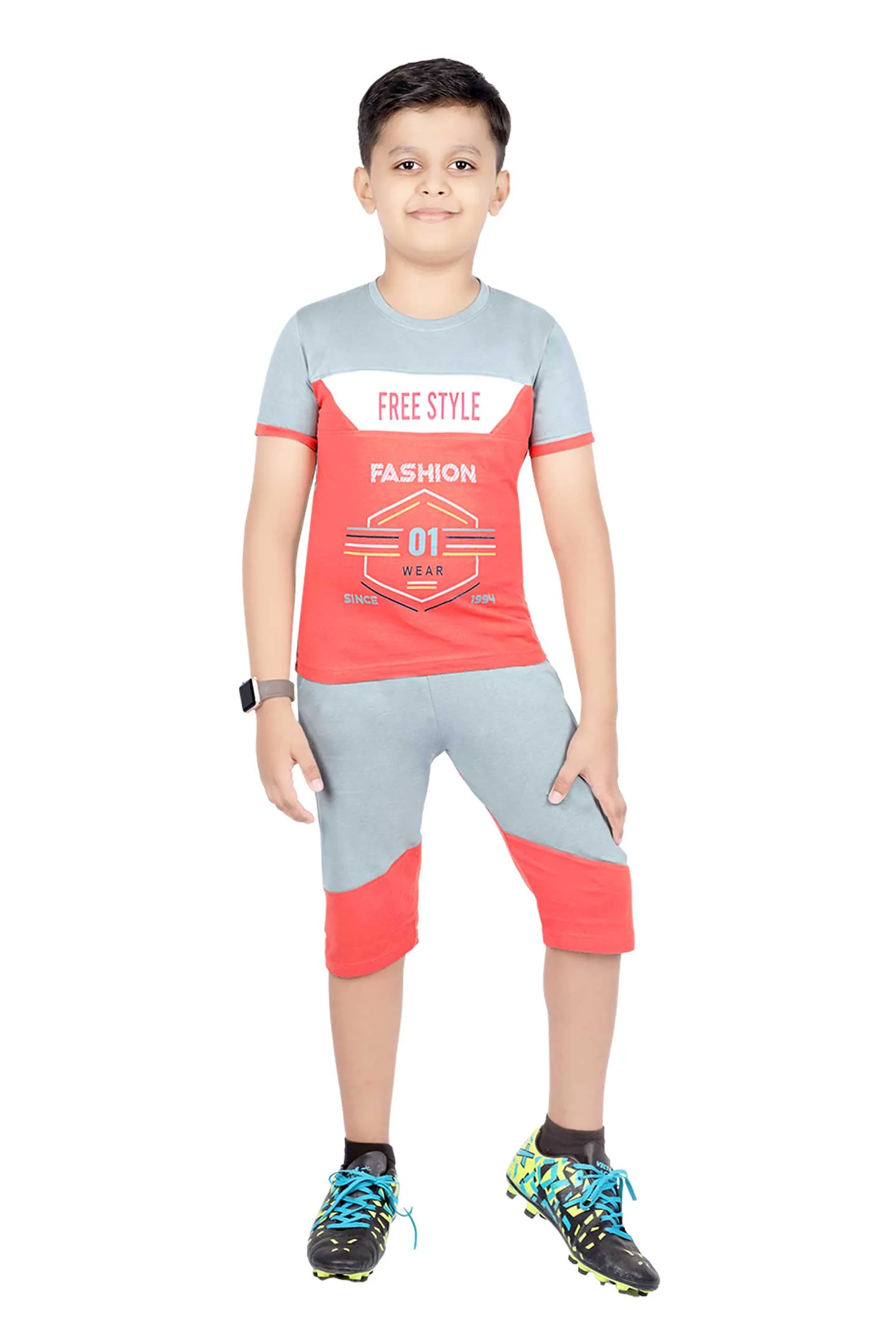 Boys Round Neck Tees With 3/4 Pant - Ferrari