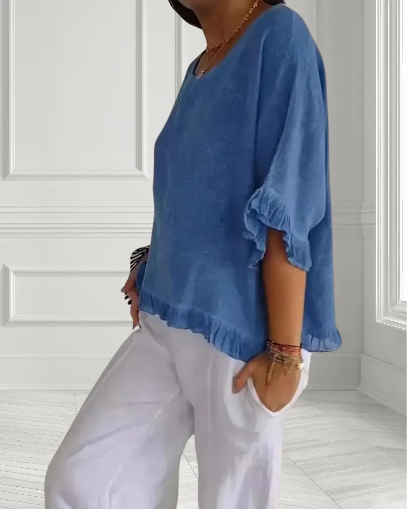 Casual Wide Neck Ruffle Top