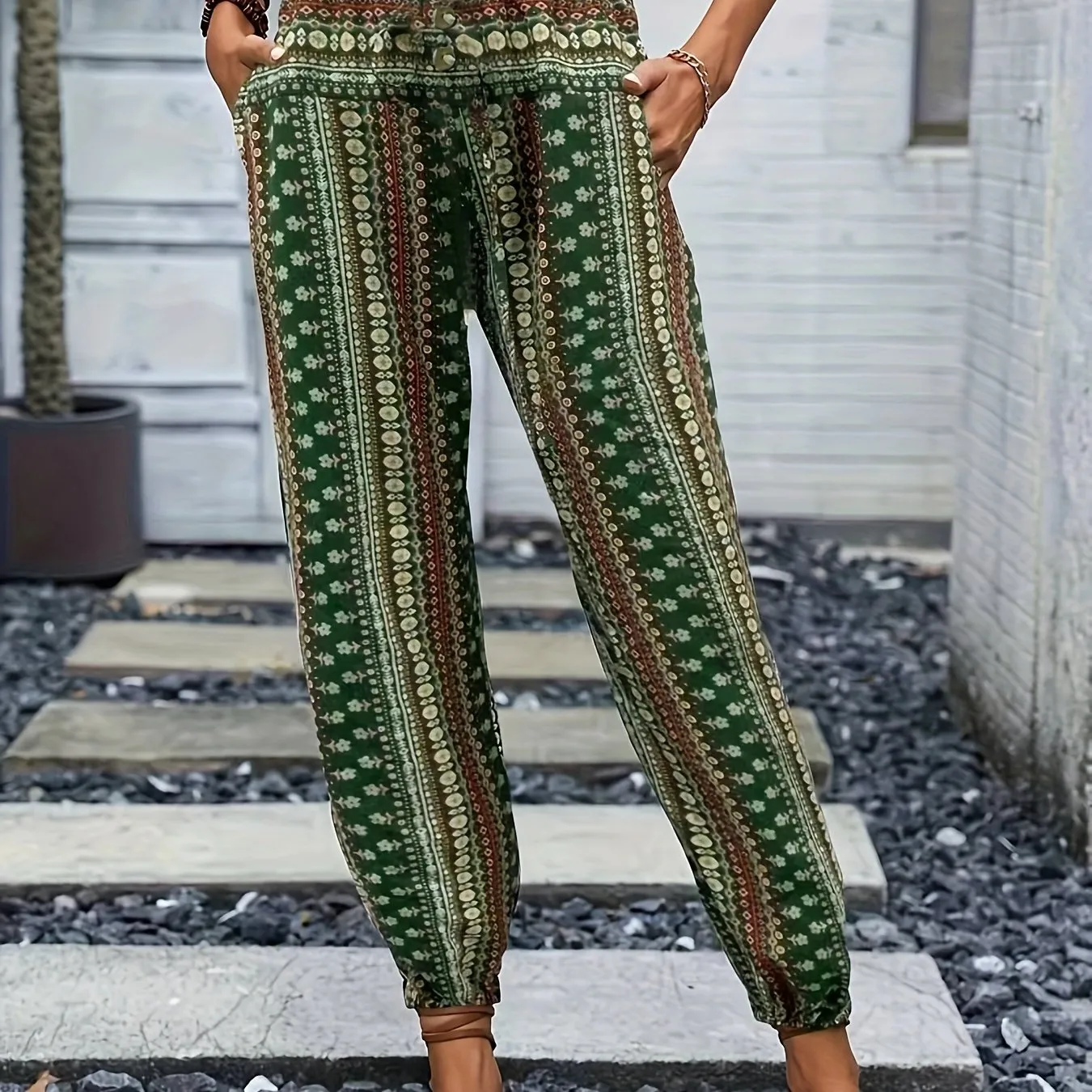 Chic Tribal Print Boho Jogger Pants - Fashionable High Waist, Comfortable Loose Fit with Eye-Catching Buttons - Perfect for Spring & Summer - Womens Bohemian Style Clothing