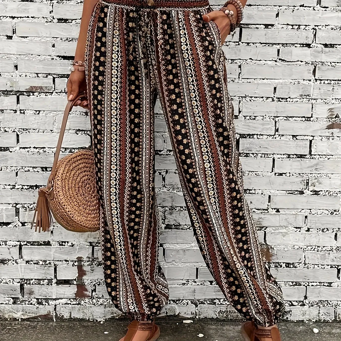 Chic Tribal Print Boho Jogger Pants - Fashionable High Waist, Comfortable Loose Fit with Eye-Catching Buttons - Perfect for Spring & Summer - Womens Bohemian Style Clothing