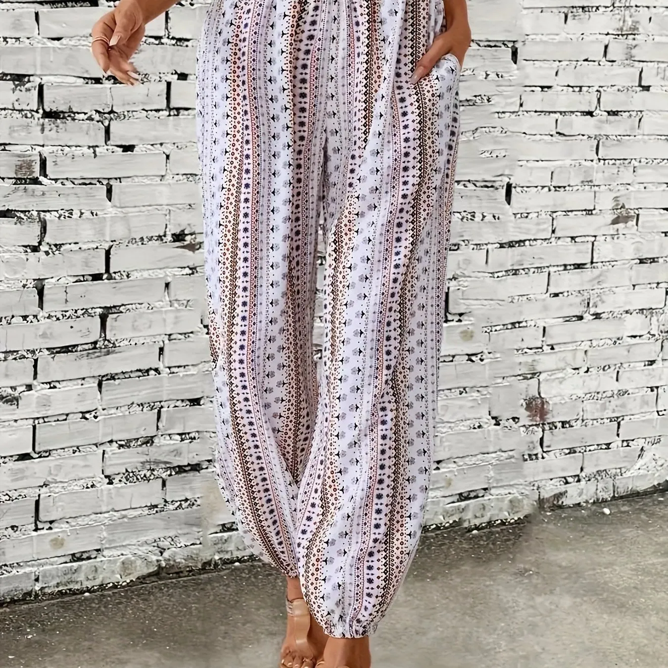 Chic Tribal Print Boho Jogger Pants - Fashionable High Waist, Comfortable Loose Fit with Eye-Catching Buttons - Perfect for Spring & Summer - Womens Bohemian Style Clothing