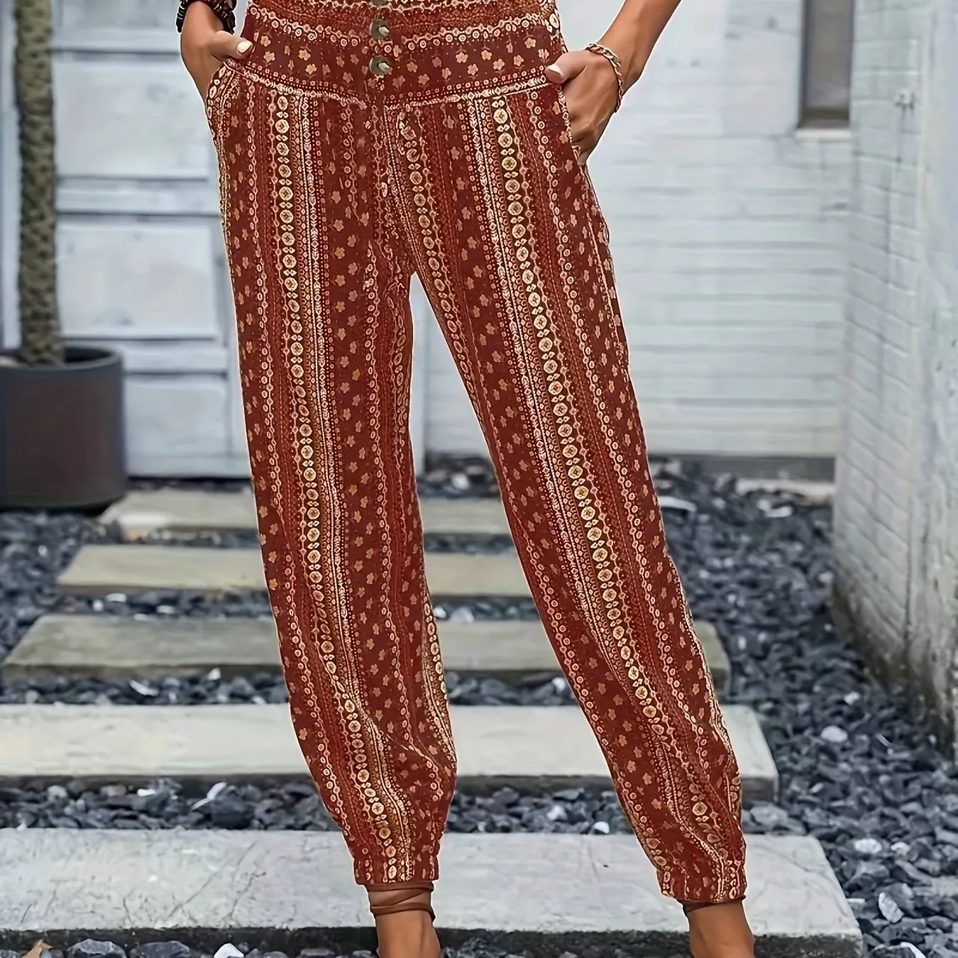 Chic Tribal Print Boho Jogger Pants - Fashionable High Waist, Comfortable Loose Fit with Eye-Catching Buttons - Perfect for Spring & Summer - Womens Bohemian Style Clothing