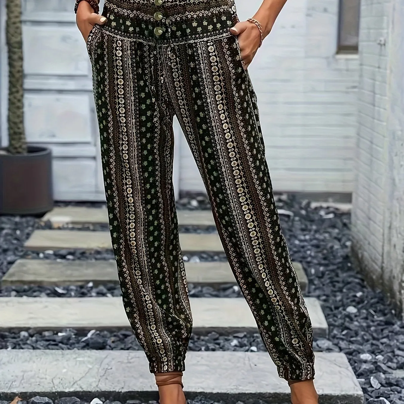Chic Tribal Print Boho Jogger Pants - Fashionable High Waist, Comfortable Loose Fit with Eye-Catching Buttons - Perfect for Spring & Summer - Womens Bohemian Style Clothing
