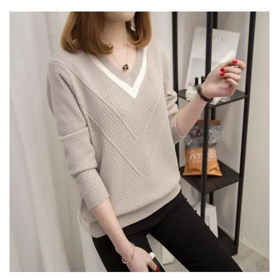 Chic Women's V-neck  Sweater - Head Loose - New Fashion Long Sleeved Knit Women's Top (TB8C)(F23)