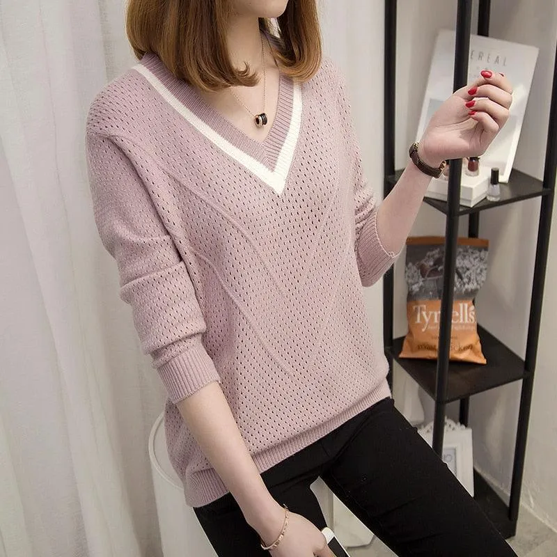Chic Women's V-neck  Sweater - Head Loose - New Fashion Long Sleeved Knit Women's Top (TB8C)(F23)