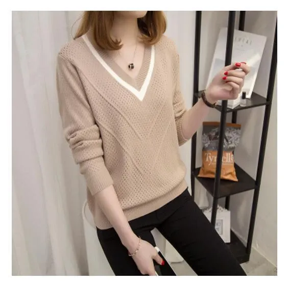 Chic Women's V-neck  Sweater - Head Loose - New Fashion Long Sleeved Knit Women's Top (TB8C)(F23)