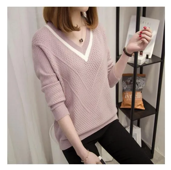 Chic Women's V-neck  Sweater - Head Loose - New Fashion Long Sleeved Knit Women's Top (TB8C)(F23)