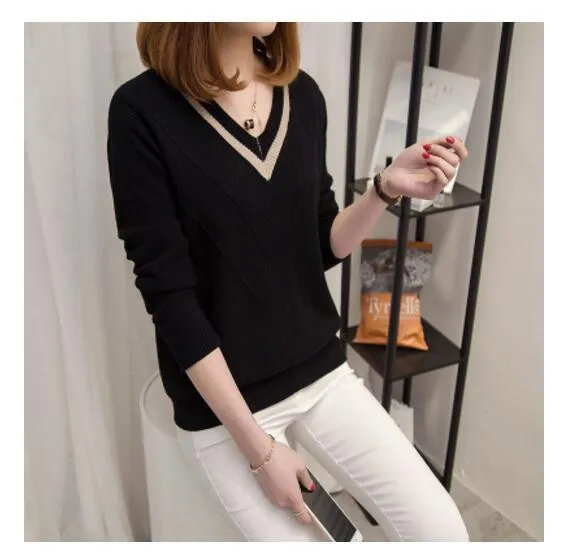 Chic Women's V-neck  Sweater - Head Loose - New Fashion Long Sleeved Knit Women's Top (TB8C)(F23)