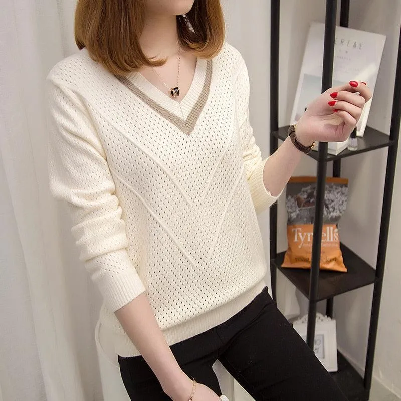 Chic Women's V-neck  Sweater - Head Loose - New Fashion Long Sleeved Knit Women's Top (TB8C)(F23)