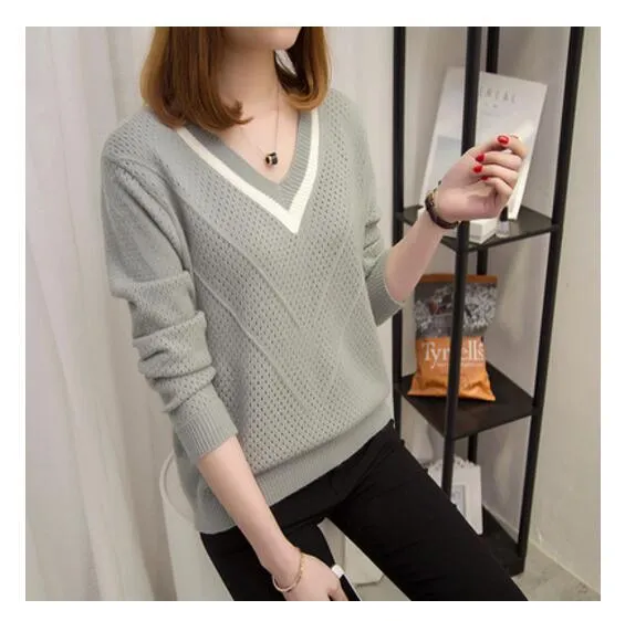 Chic Women's V-neck  Sweater - Head Loose - New Fashion Long Sleeved Knit Women's Top (TB8C)(F23)