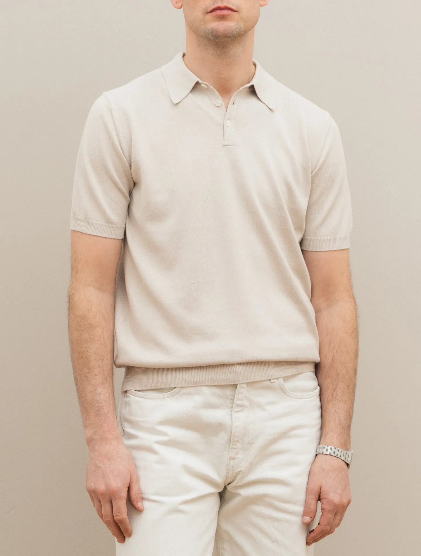 Cotton Knitted Polo Shirt Short Sleeve Sand