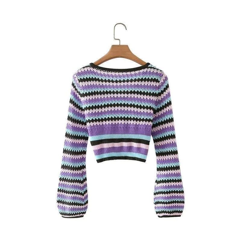 CROCHET KNITTED STRIPED SWEATER