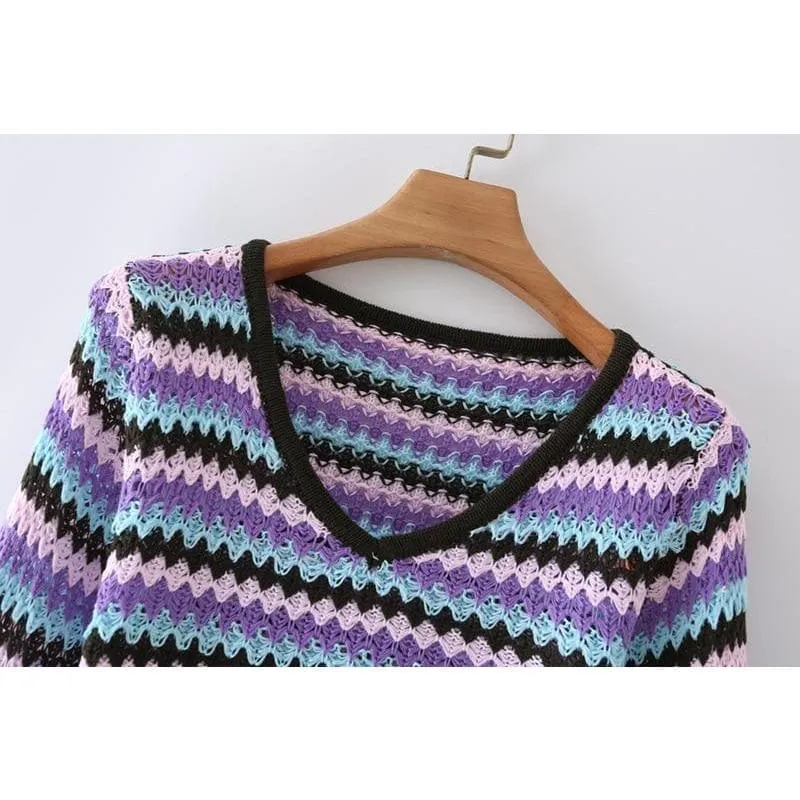 CROCHET KNITTED STRIPED SWEATER