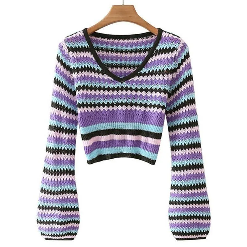 CROCHET KNITTED STRIPED SWEATER