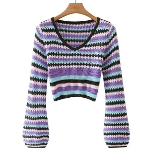 CROCHET KNITTED STRIPED SWEATER