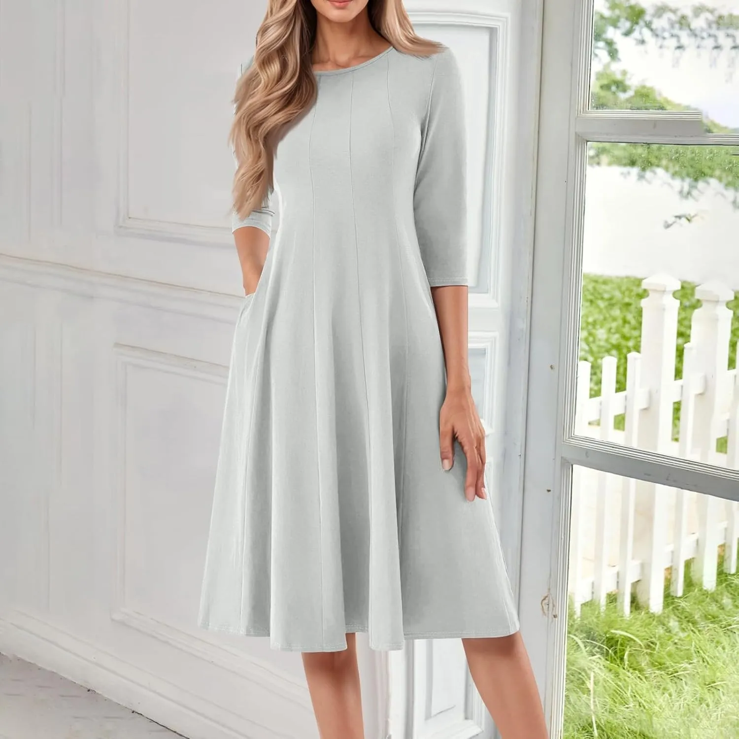 Dresses for Women Spring Crew Neck 3/4 Sleeve Midi Dress A Line Solid Color Dress with Pockets