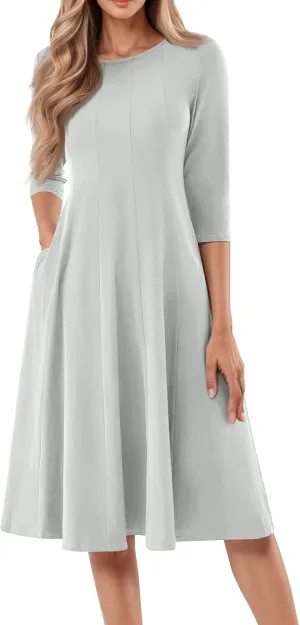 Dresses for Women Spring Crew Neck 3/4 Sleeve Midi Dress A Line Solid Color Dress with Pockets