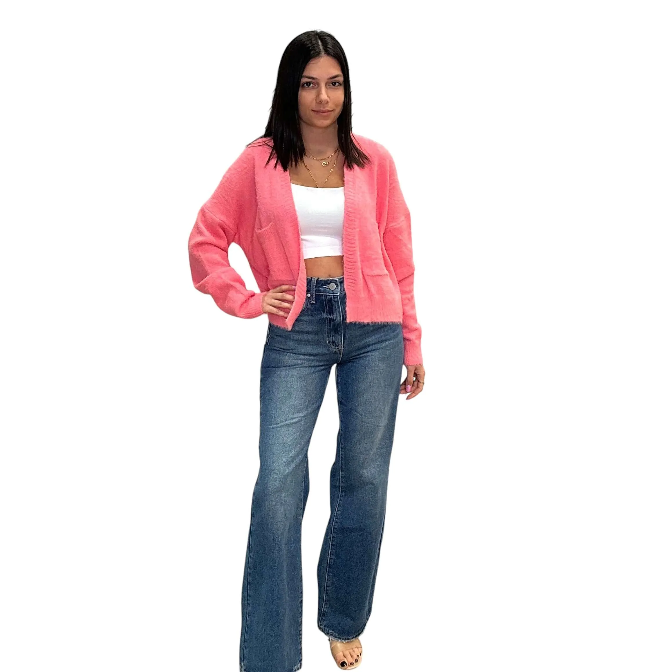 Drop Shoulder Patch Pocket Cardigan - Pink