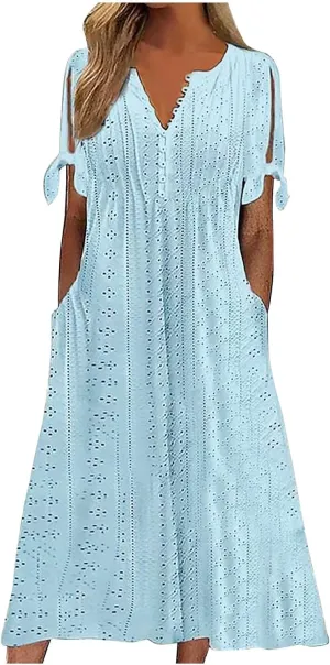 Eyelet Dress for Women 2025 Trendy Short Sleeve Eyelet Maxi Long Dress Casual Summer Beach Vacation Sundress
