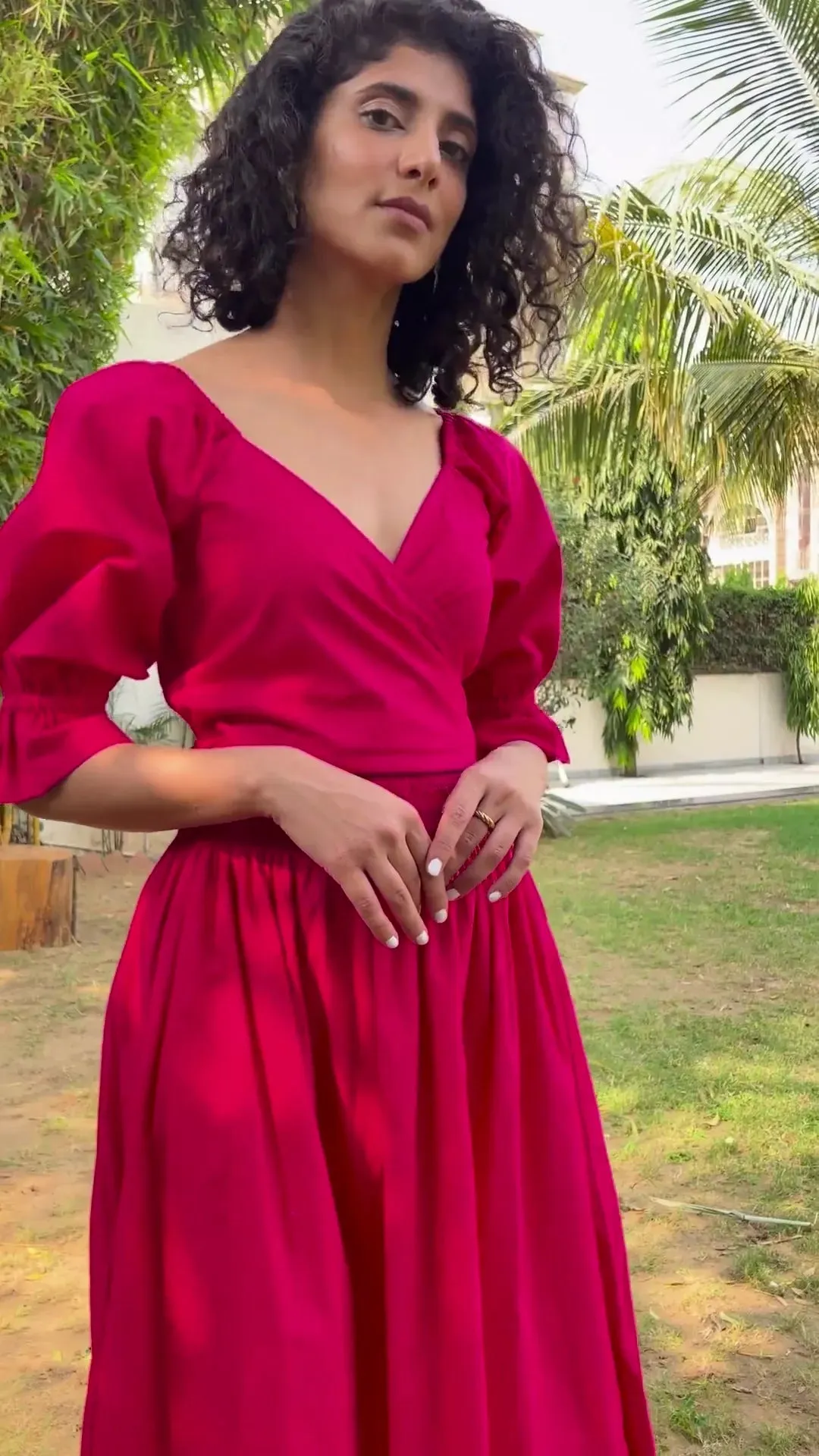 Golden Yellow Cotton Poplin V-Neck Gathered Midi Wrap Dress