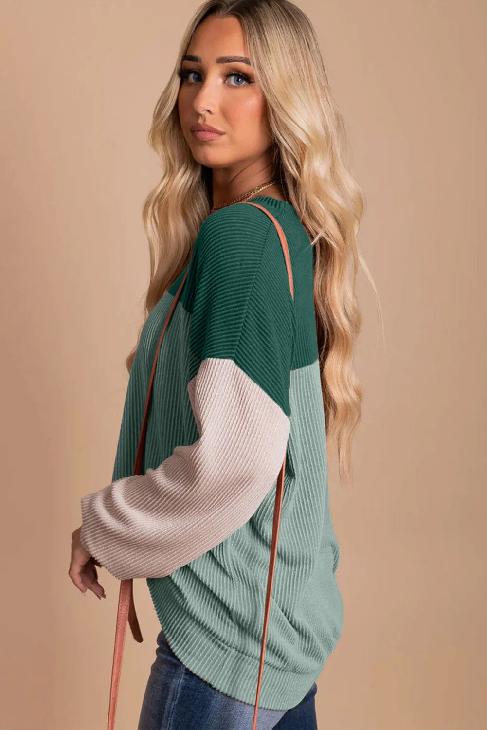 Green-2 Black Color Block Long Sleeve Cording Loose Top
