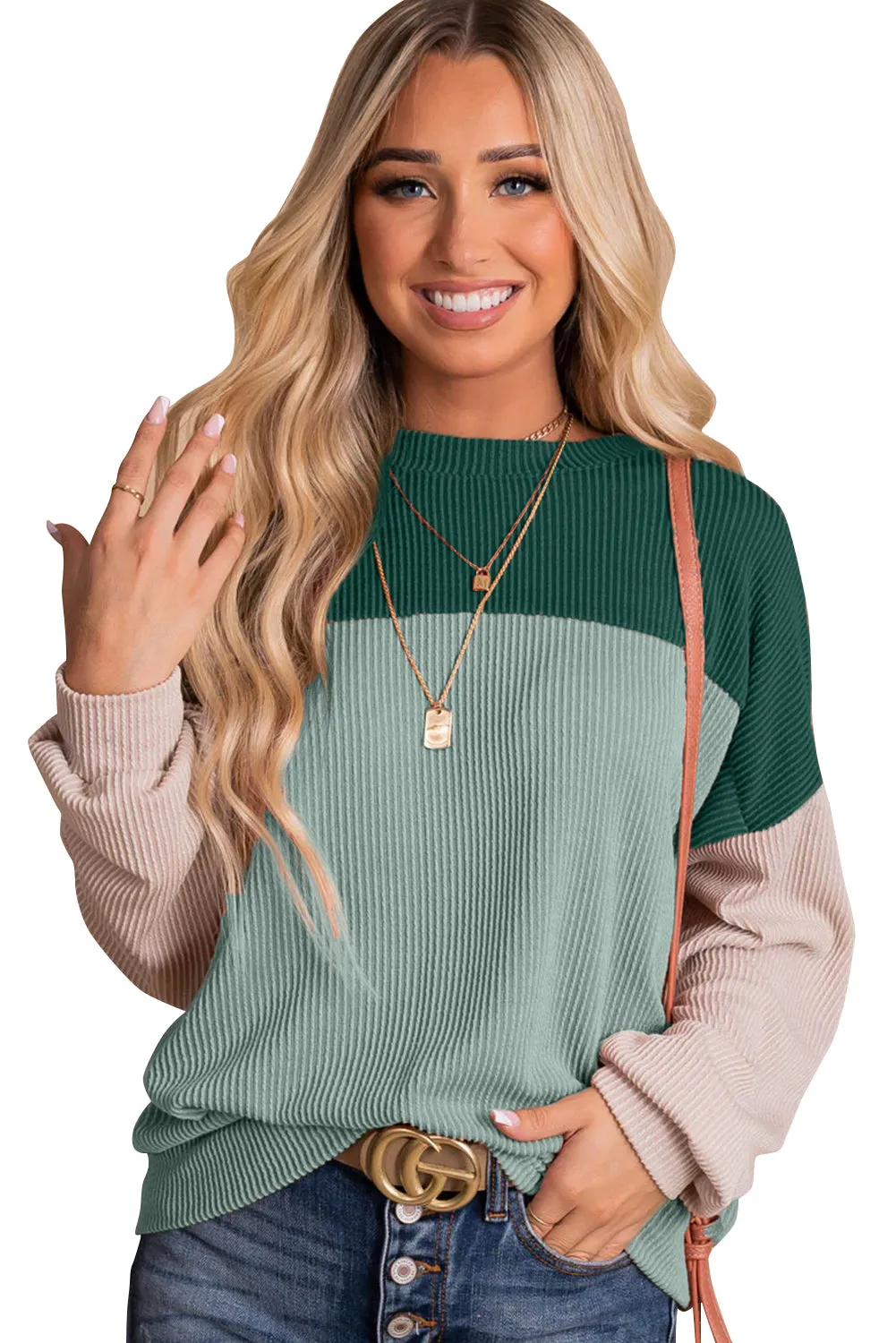 Green-2 Black Color Block Long Sleeve Cording Loose Top
