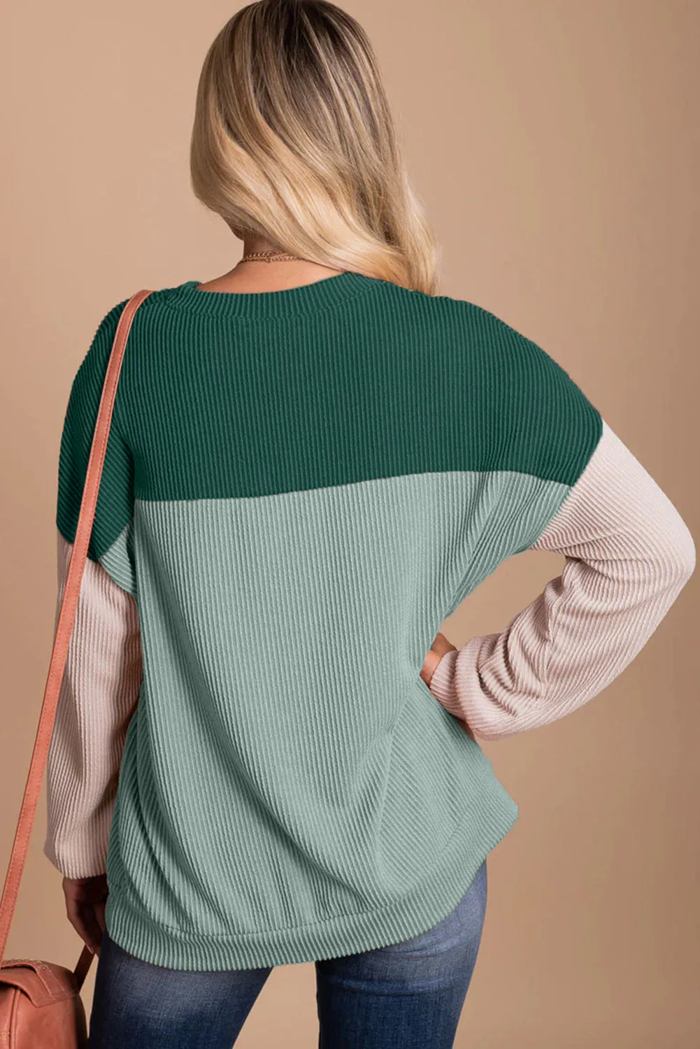 Green-2 Black Color Block Long Sleeve Cording Loose Top