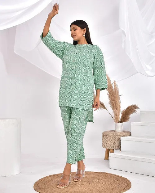 Green Striped Cotton Loungewear Coord Set