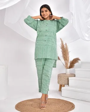 Green Striped Cotton Loungewear Coord Set