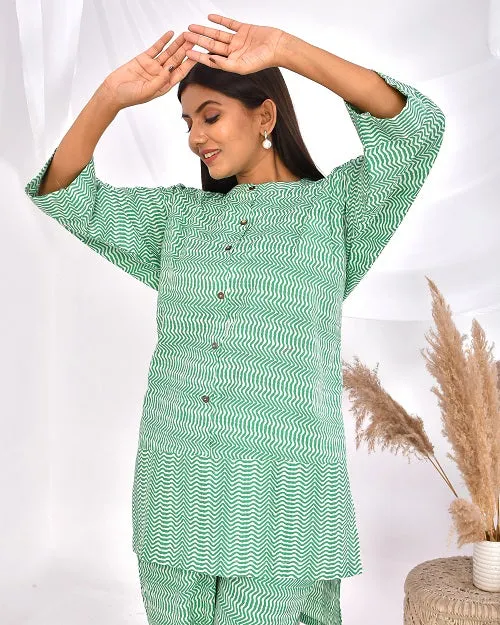 Green Striped Cotton Loungewear Coord Set