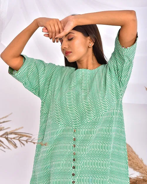 Green Striped Pure Cotton Nighty Dress