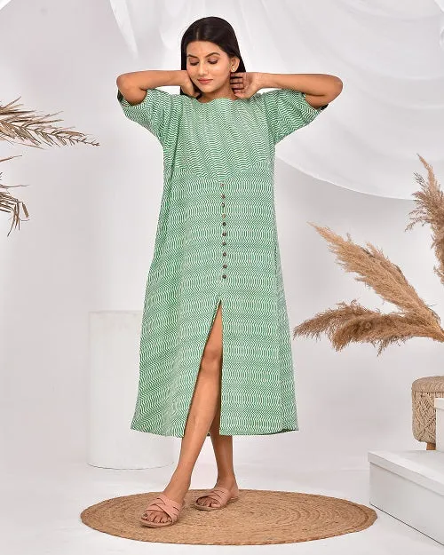 Green Striped Pure Cotton Nighty Dress