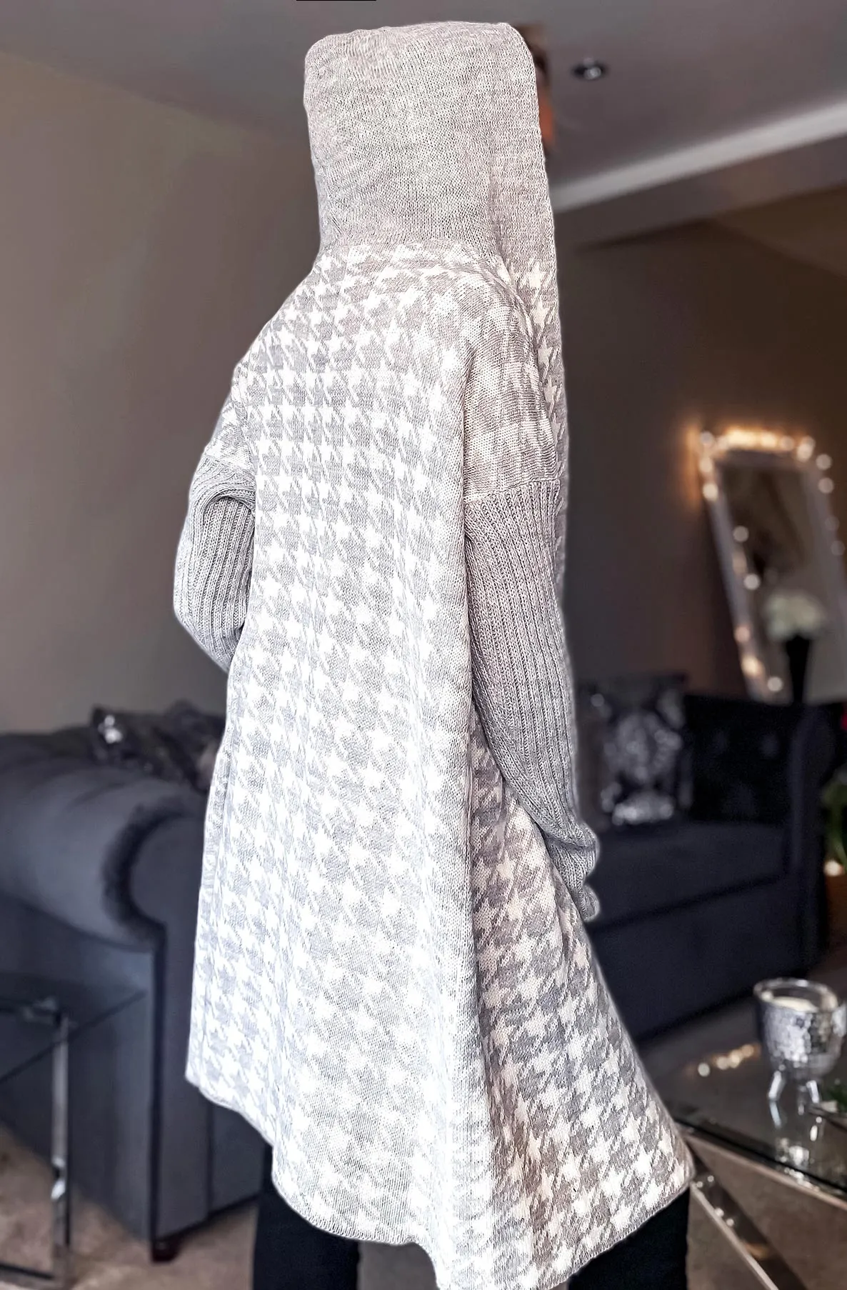 Grey/Ivory Dogtooth Pattern Hooded Cardigan
