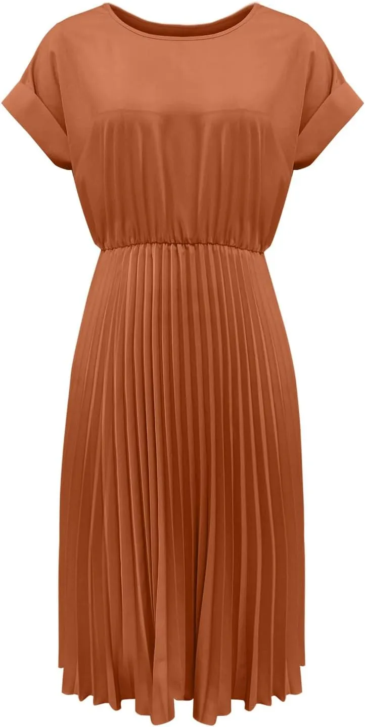 hlysgo Beach Dresses for Women Summer Casual Loose Fit Short Sleeve Crew Neck Mini Dress A-Line Flowy Pleated Vacation Dress