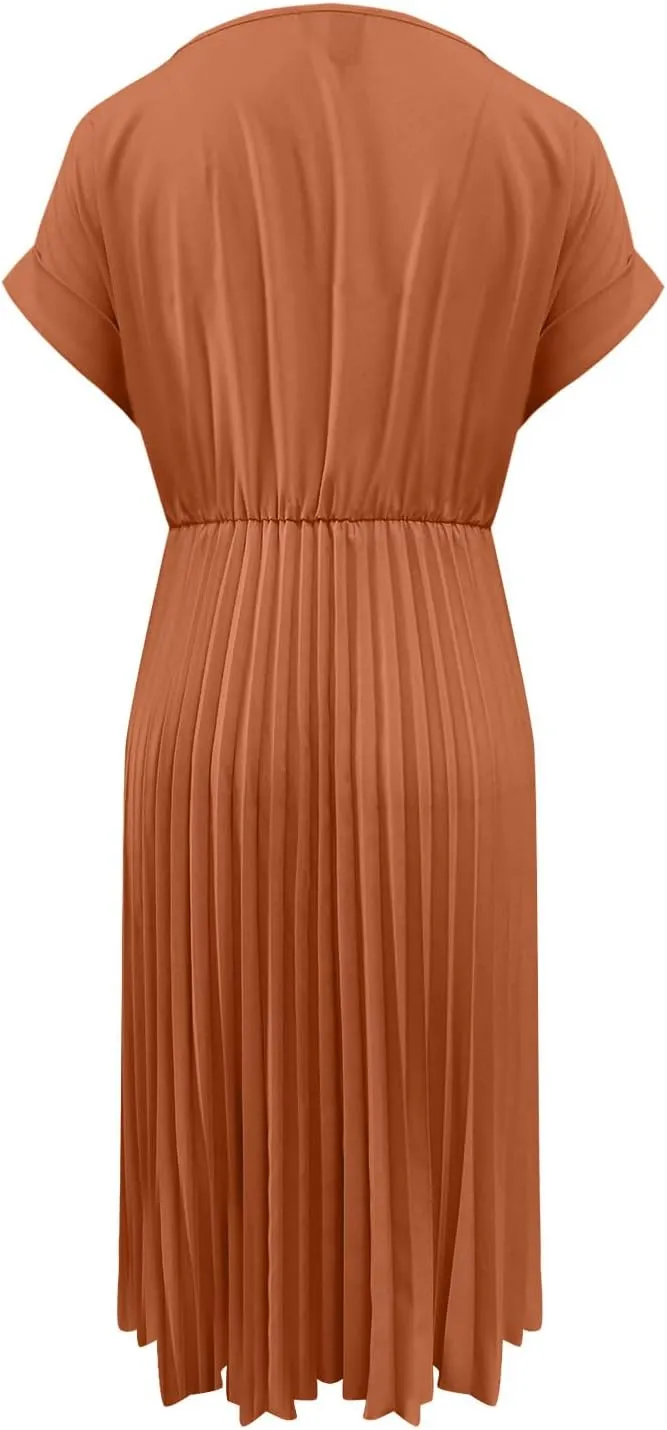 hlysgo Beach Dresses for Women Summer Casual Loose Fit Short Sleeve Crew Neck Mini Dress A-Line Flowy Pleated Vacation Dress
