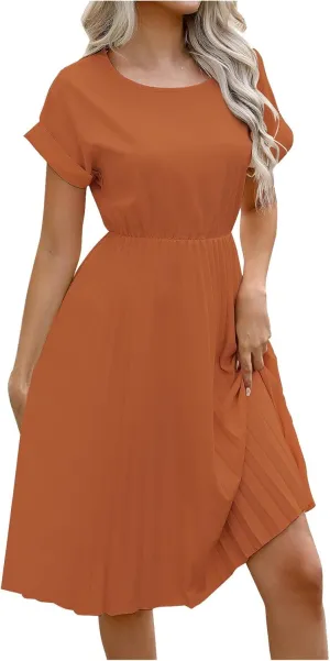 hlysgo Beach Dresses for Women Summer Casual Loose Fit Short Sleeve Crew Neck Mini Dress A-Line Flowy Pleated Vacation Dress
