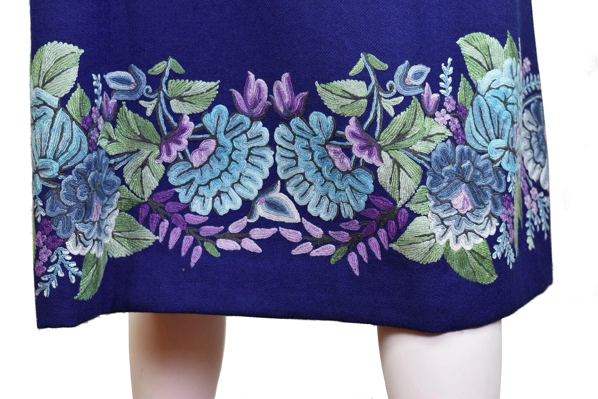 Juno Floral Cashmere Jacket Dinner Navy Blue Evening Dress Coat Hand Embroidered Kashmir