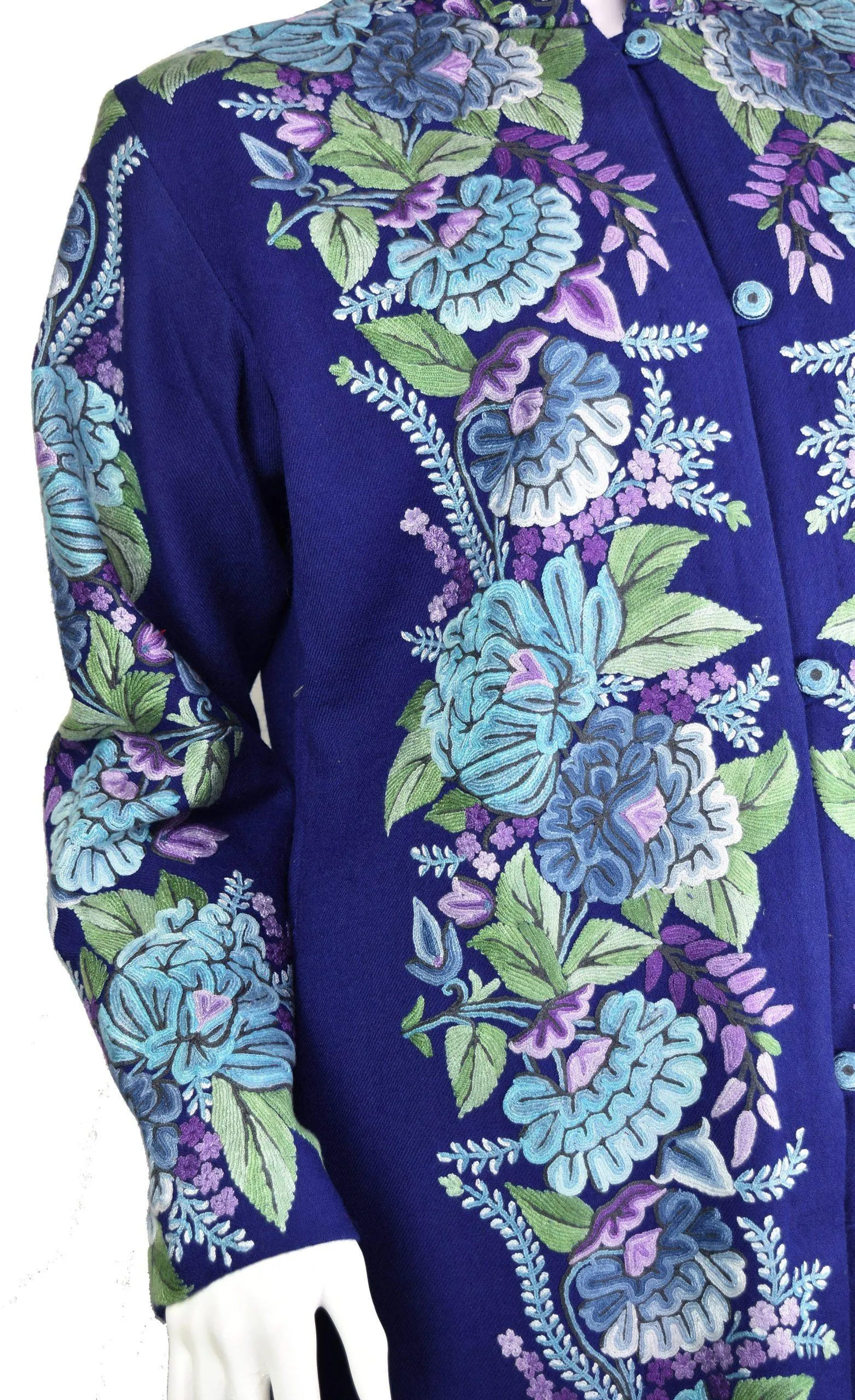 Juno Floral Cashmere Jacket Dinner Navy Blue Evening Dress Coat Hand Embroidered Kashmir