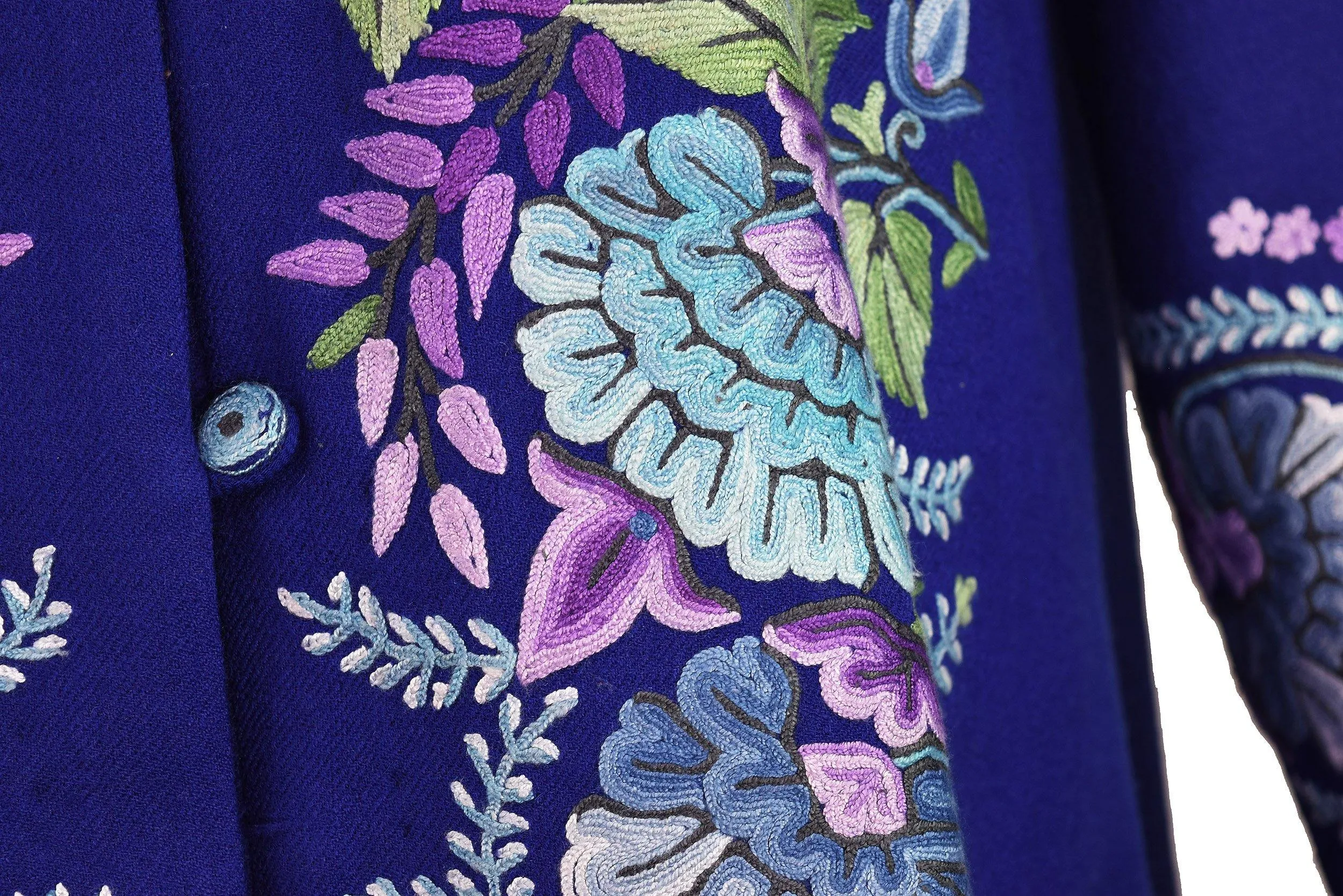 Juno Floral Cashmere Jacket Dinner Navy Blue Evening Dress Coat Hand Embroidered Kashmir