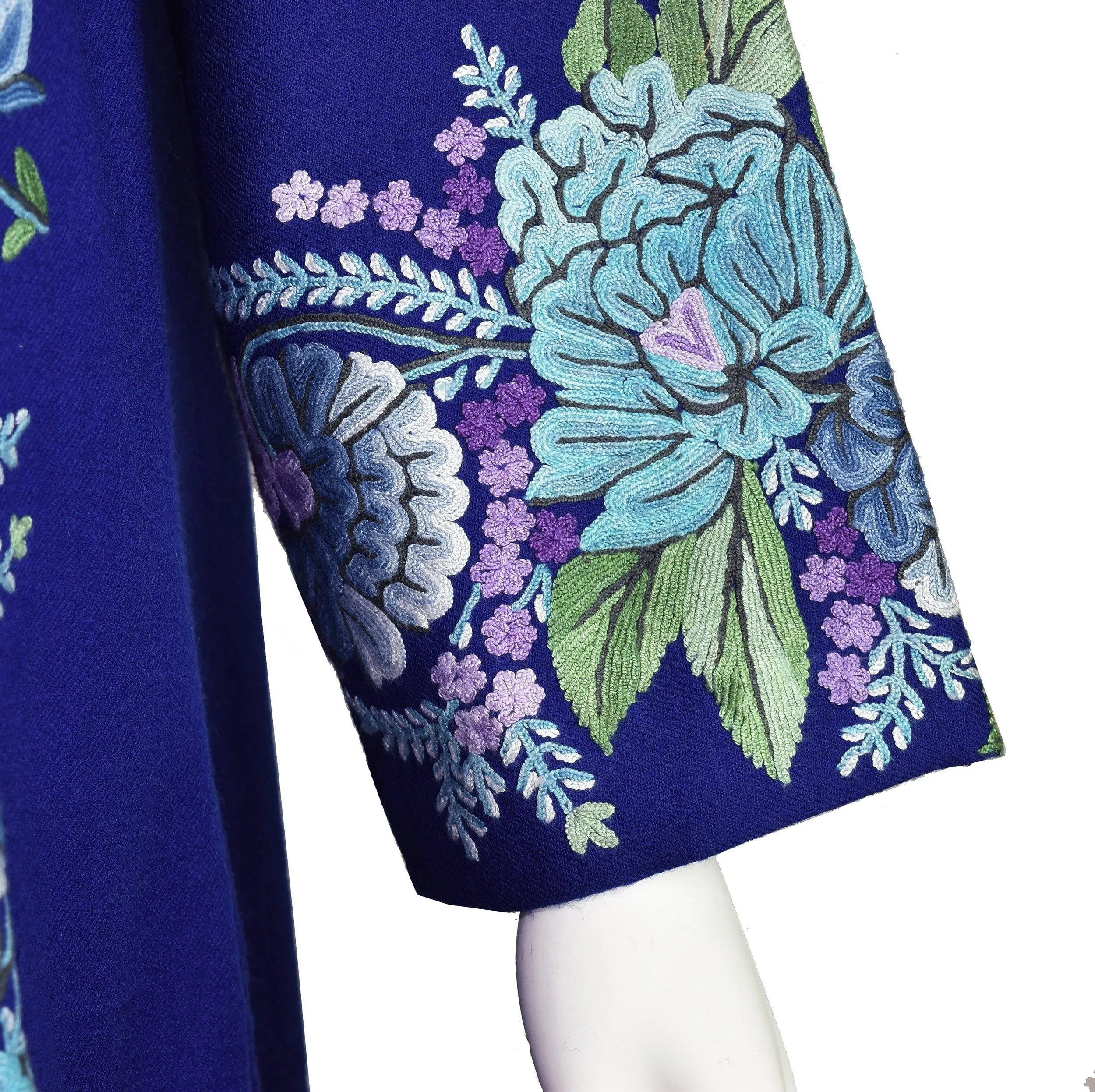 Juno Floral Cashmere Jacket Dinner Navy Blue Evening Dress Coat Hand Embroidered Kashmir