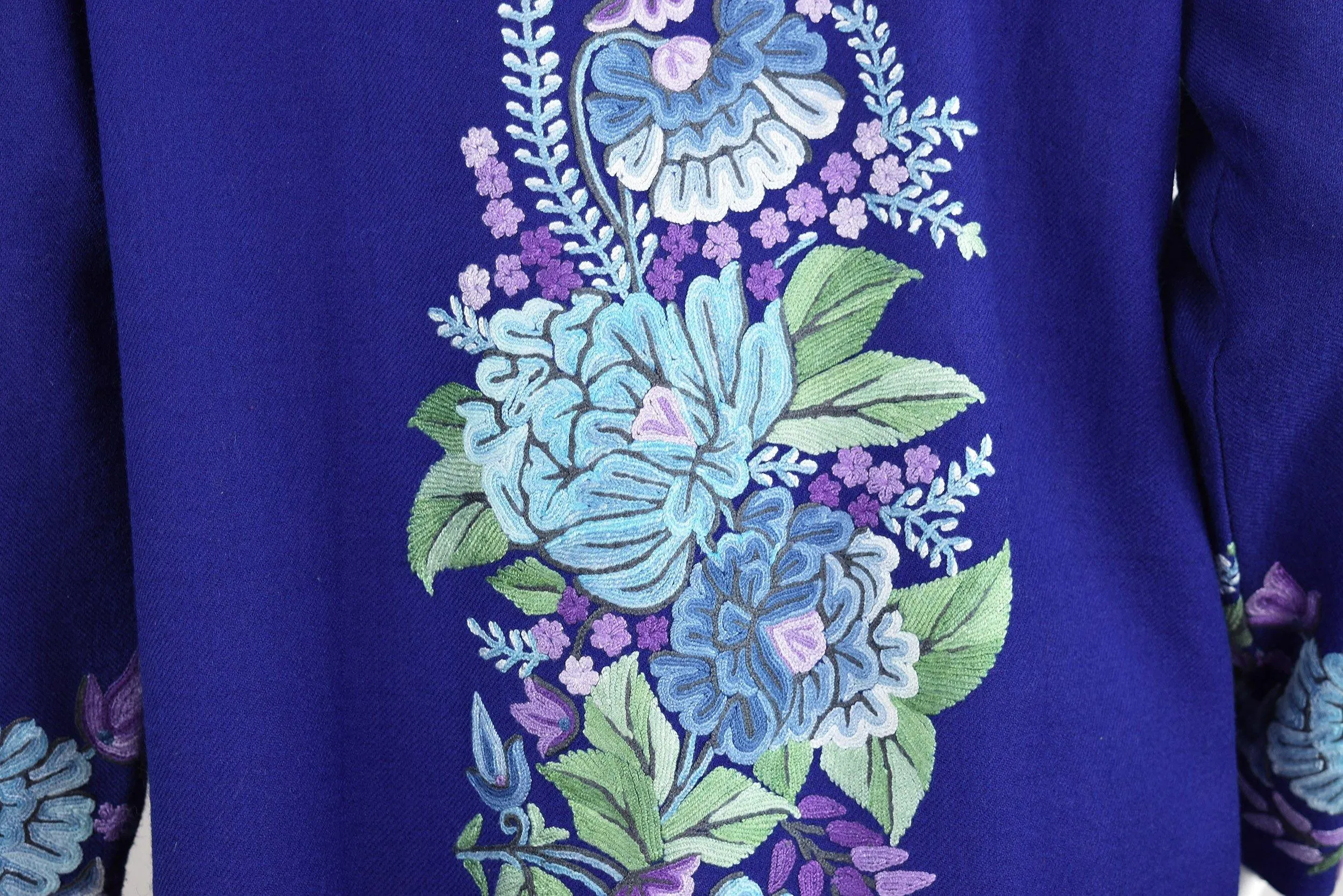 Juno Floral Cashmere Jacket Dinner Navy Blue Evening Dress Coat Hand Embroidered Kashmir