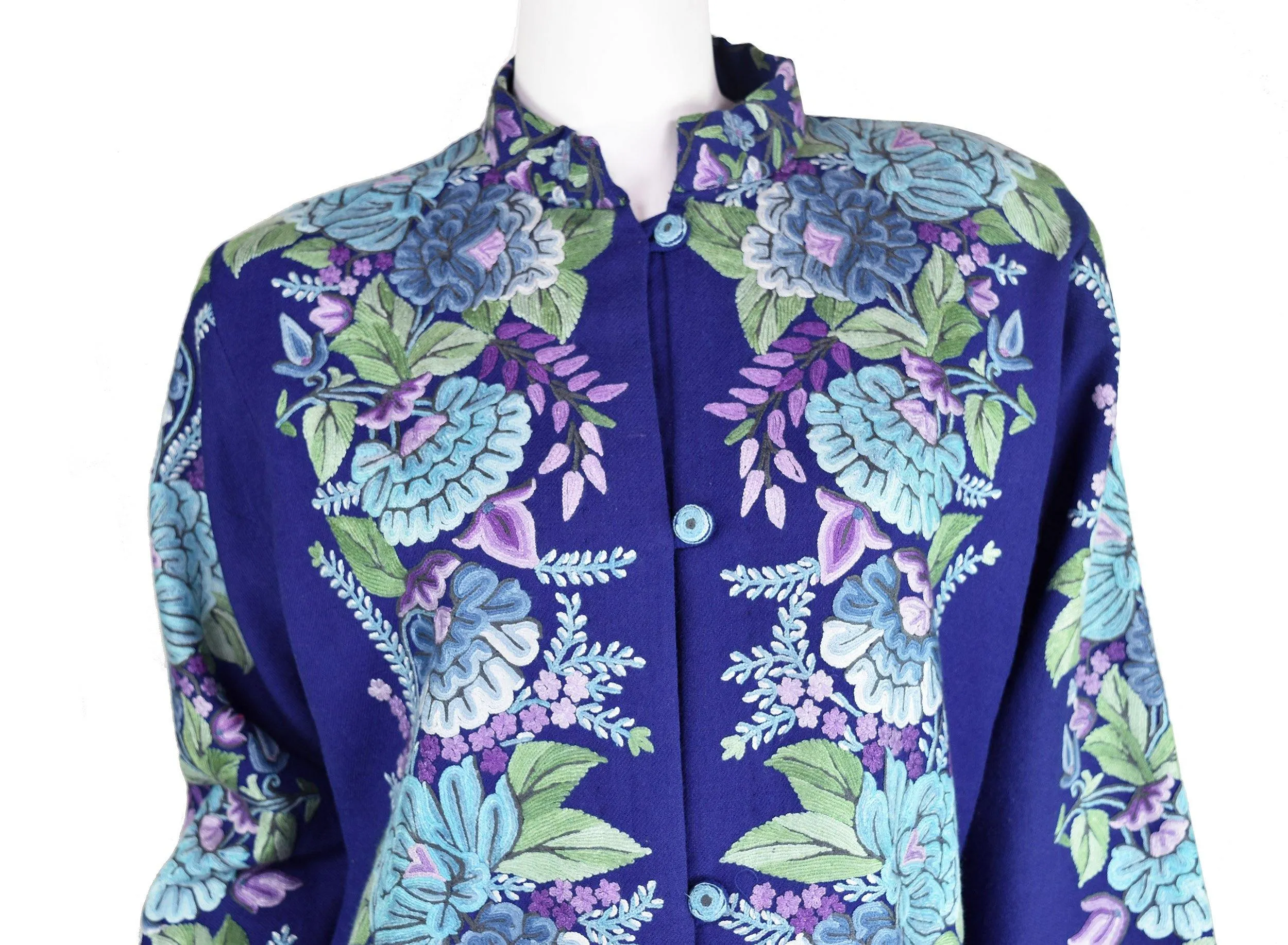 Juno Floral Cashmere Jacket Dinner Navy Blue Evening Dress Coat Hand Embroidered Kashmir